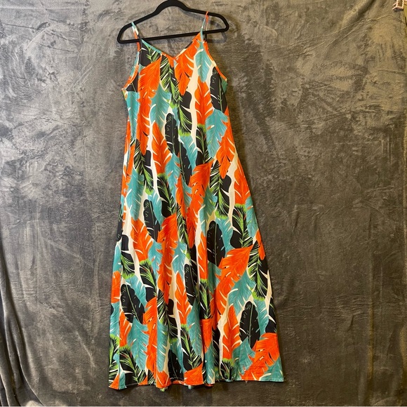 Women’s Large Tropical Leaf Print Maxi Summer Dress Resort Vacation Casual - Picture 8 of 16